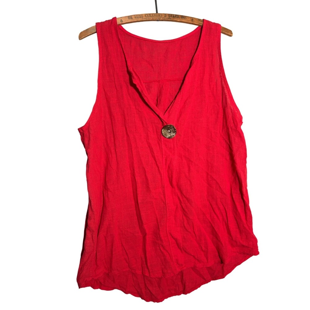 Womens‎ Red Sleeveless Linen Blend Blouse Gold Button Accent Top M Lagenlook